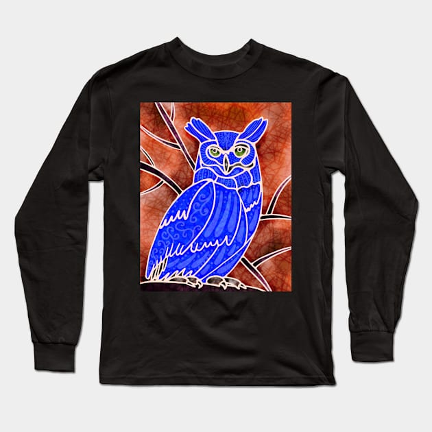 Boho Owl Blue on orange Long Sleeve T-Shirt by MarcyBrennanArt